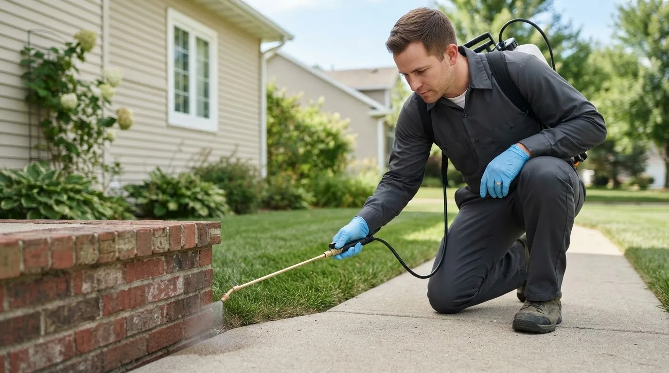 Pest control technician treating a home near Mcelhattan, PA
